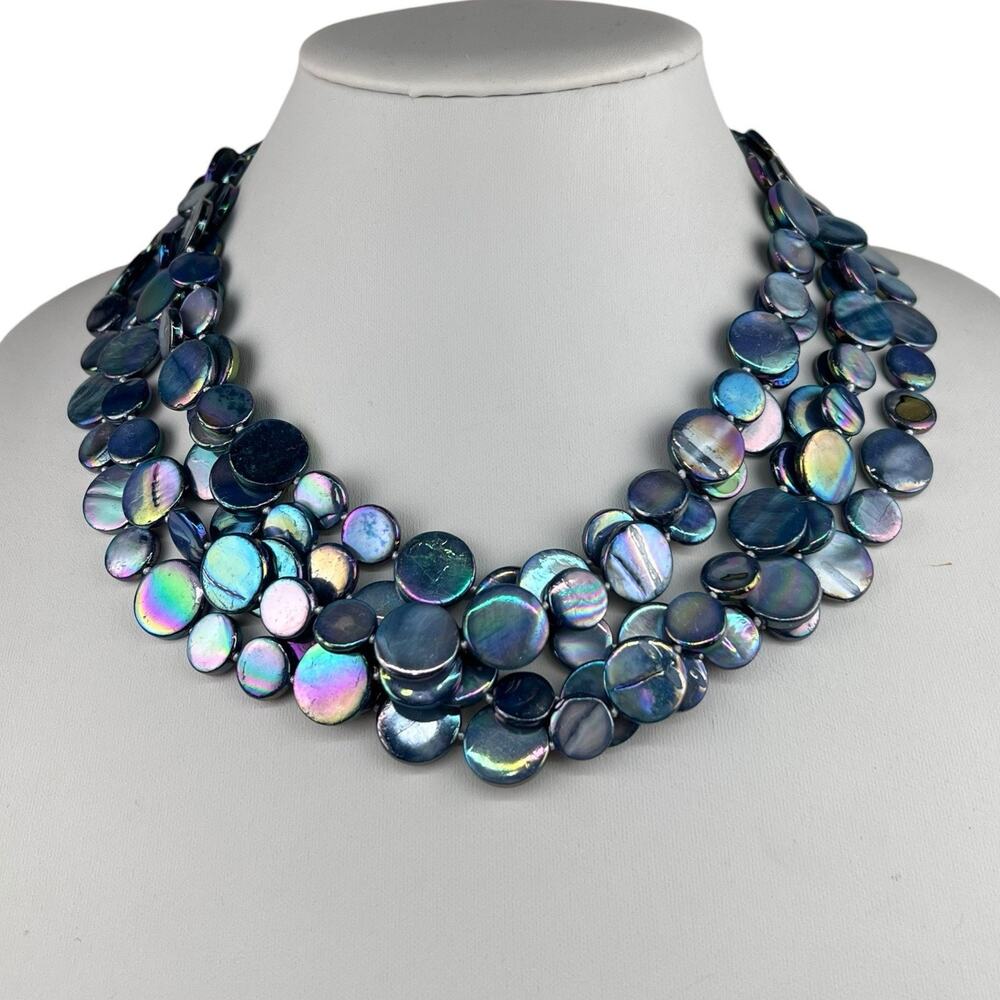 Sea Lily Blue Abalone Disc Statement Necklace 5 Strand 20"
